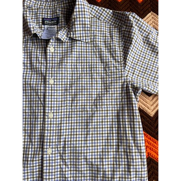 Patagonia Button Down Short Sleeve Shirt Sz SM Blue & Brown Plaid Organic Cotton - Picture 4 of 8